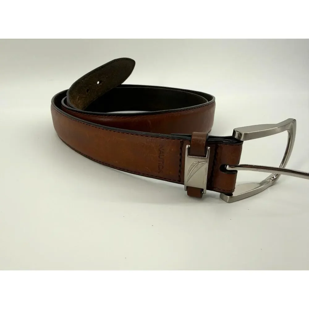 Nautica Brown Leather Belt Silver Buckle Casual Dress Belt Mens XL 44 46 48